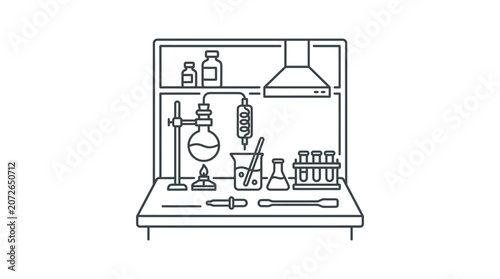 Professional Lab Workstation featuring fume hood and chemical apparatus.