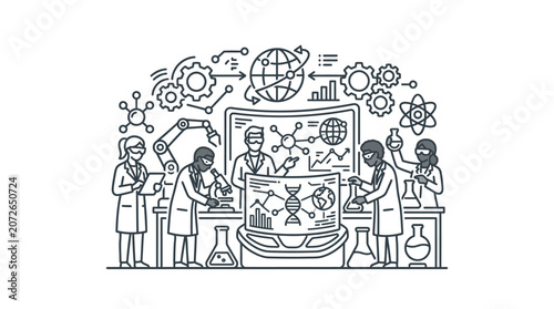 Professional scientists working in high tech laboratory with equipment.