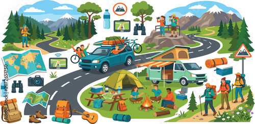 Outdoor camping road trip mountain hiking adventure and camper van vacation landscape illustration vector bundle