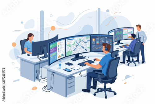 Konstfotografi Emergency Dispatch Team in Modern Control Room Monitoring Data