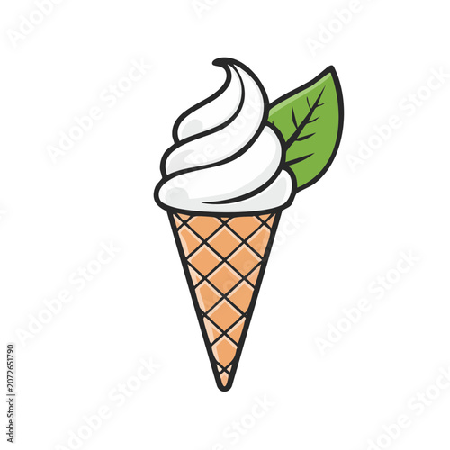 Soft Serve Ice Cream in Waffle Cone with Leaf