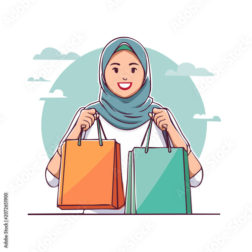 Woman in hijab holding shopping bags, flat vector illustration