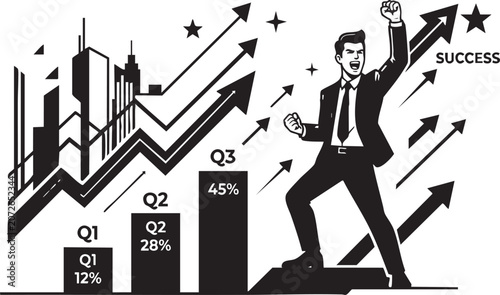 Businessman celebrating 45 percent quarterly growth success