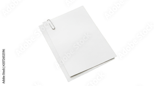 Blank white notepad with metal paper clip isolated on transparent background