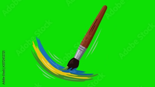 A paintbrush applies vibrant blue and yellow strokes on green background. Galway Arts Festival in Galway.