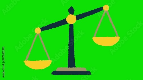 An illustration depicts a balance scale with two yellow bowls on a green backgroun. Day for International Justice.