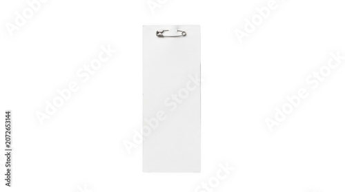 Blank white paper tag with a metal safety pin isolated on transparent background