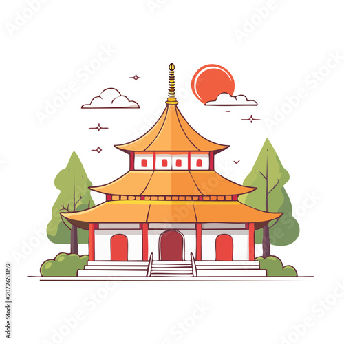 Flat illustration of a Chinese temple at sunset