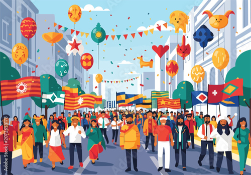 A vibrant street festival with diverse crowd and colorful decorations