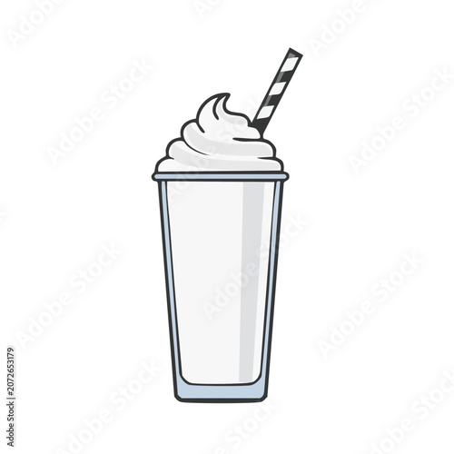 Flat illustration of a milkshake cup with whipped cream and straw