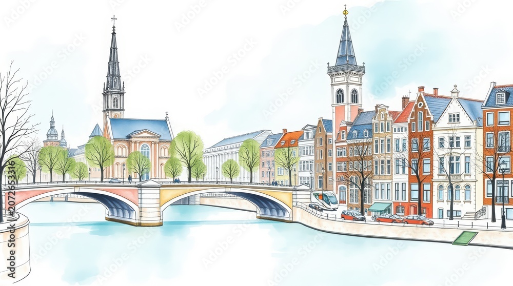 Obraz premium Cityscape illustration depicts a historic European town with a stone bridge arching over a calm river surrounded by classic townhouses and tall church spires under a bright sky with copy space.