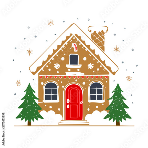 Gingerbread house with candy cane and snow illustration