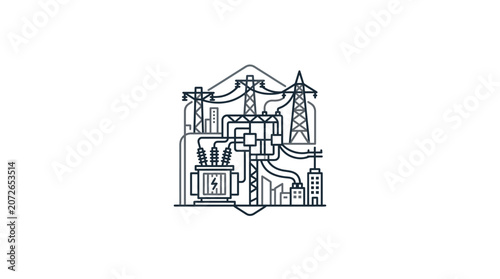 Electrical substation icon with transformers and high voltage lines.