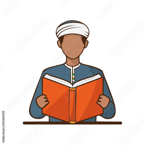 Man in traditional clothing reading a book, flat vector illustration