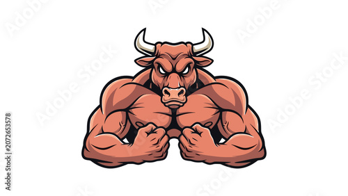 Muscular bull mascot character flexing arms for sports team logo.