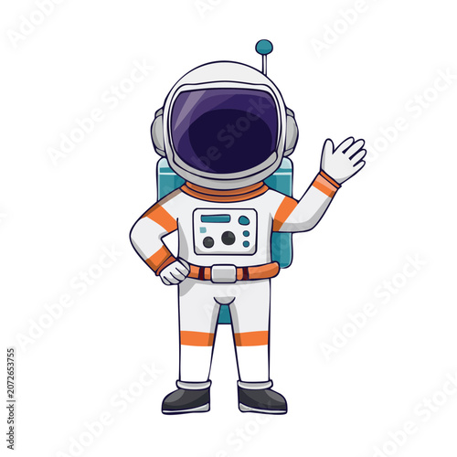 Cartoon astronaut in space suit waving