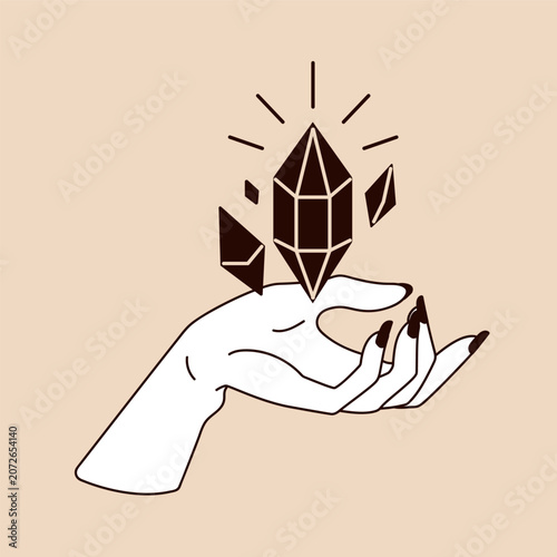 Witch hand with magic crystal, occult gemstone symbol. Sacred quartz, diamond...