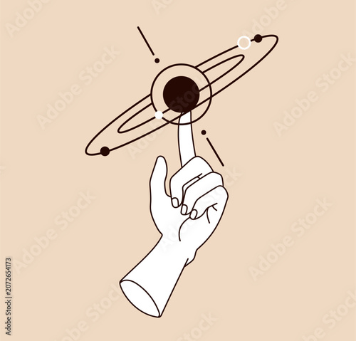 Planet spinning on finger. Magic celestial energy, spiritual power in outline...