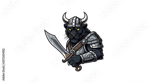 Fierce black panther warrior wearing a viking helmet and holding a sword.