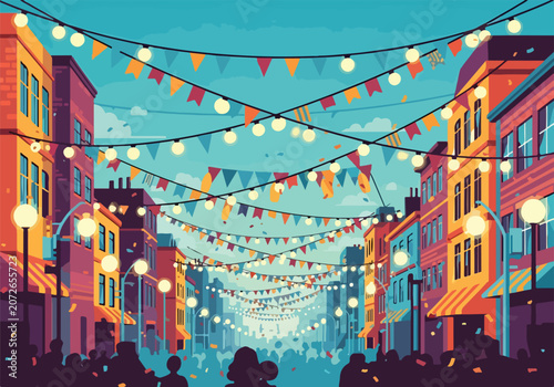 A vibrant street scene with colorful flags and lights