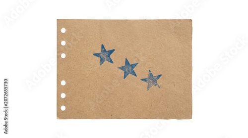 Brown paper notebook page with three blue drawn stars isolated on transparent background