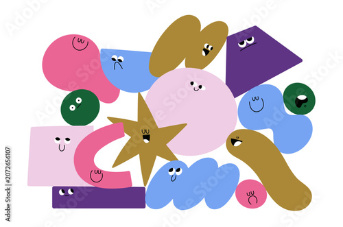 Different emotions. Abstract geometric shape characters with cute funny face ...