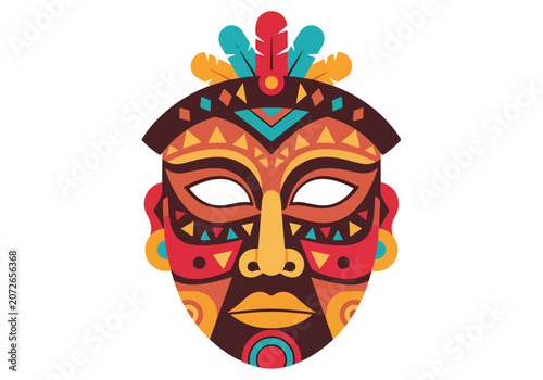 A vibrant, stylized tribal mask