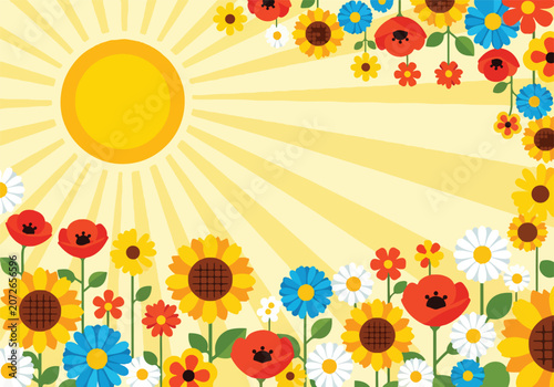 A vibrant sun shines brightly amidst a colorful array of flowers