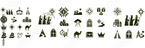 Tableau sur toile Epiphany and Nativity Silhouette Icon Set Featuring Three Wise Men and Bethlehem