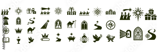Tableau sur toile Epiphany and Christian Nativity Religious Silhouette Icon Set Featuring Magi and