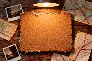 Vintage corkboard with maps and photos under warm light