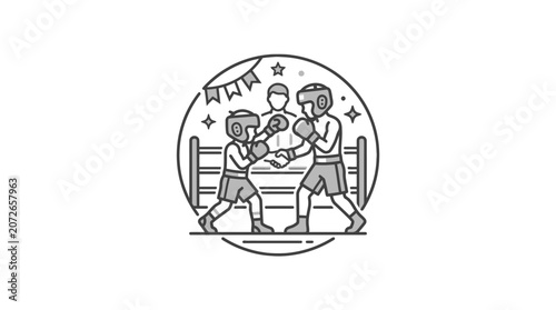 Cuadro en lienzo Circular badge with boxers and referee in ring.