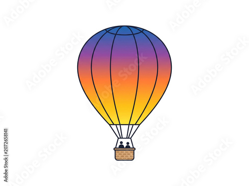 Vibrant hot air balloon featuring a colorful gradient design of blue orange and yellow shades with two small passengers inside the brown wicker basket flying high in the white sky.