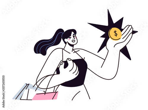 Saving money during shopping. Purchases on sale, discount, cheap cost. Buying...