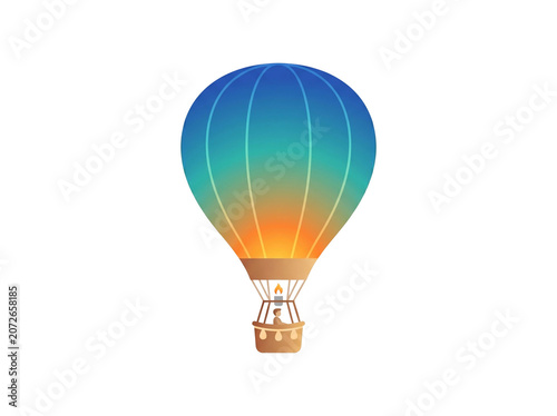 Vibrant hot air balloon with a smooth gradient design featuring a glowing flame and a small passenger sitting in the wicker basket against a clean and solid white background area.