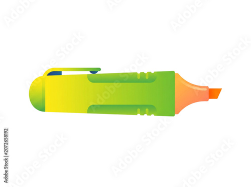 Bright lime green and vibrant yellow highlighter pen with a sleek ergonomic plastic design isolated on a clean white background for office supplies and creative school stationary art project work.