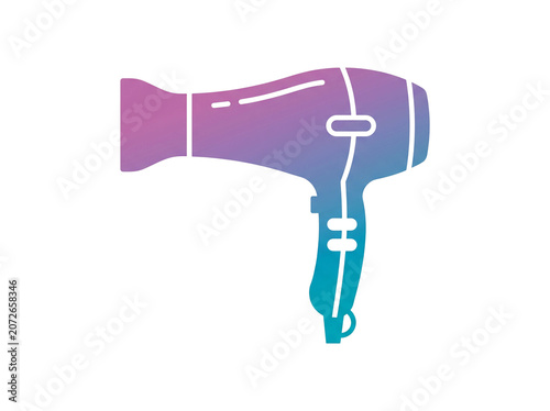 Modern hair dryer appliance silhouette featuring a vibrant purple to blue gradient color scheme with clean white line art accents isolated on a plain white background for professional beauty design.