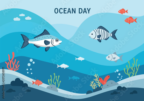 A vibrant underwater scene on Ocean Day with fish and coral