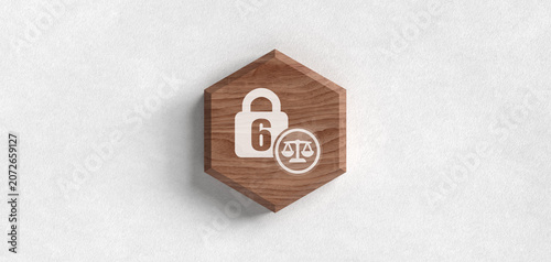 Obraz na plátně Wooden hexagonal emblem featuring a padlock icon with the number six and a scale
