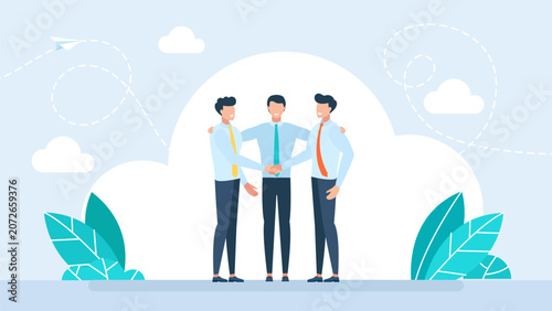 Professional mediator helping two businessmen shake hands, representing successful negotiation, corporate partnership deal, dispute resolution and compromise. Vector illustration.
