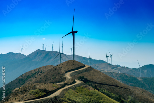 Photography wind turbines in the mountains