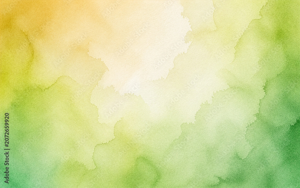 Obraz premium Green Yellow Watercolor Abstract Background with Soft Organic Paint Wash, Pastel Gradient, Cloudy Paper Texture, Nature Inspired Artistic Backdrop, Water Color