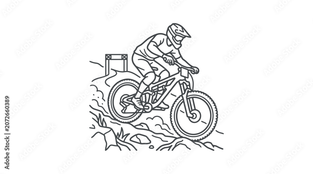 Obraz premium Mountain biker riding downhill on rocky terrain line icon.