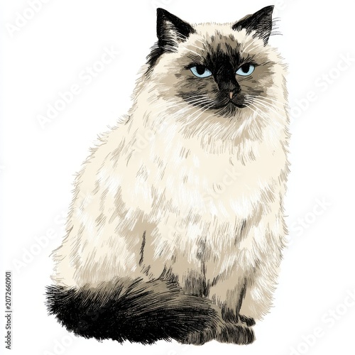Fluffy Birman Cat With Blue Eyes Sitting On White Background Detailed Realistic Portrait