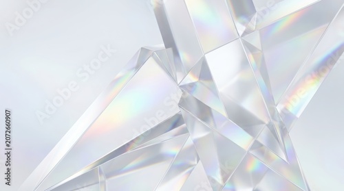 Abstract macro close-up of interlocking crystal glass diamond-like geometric shapes with sharp facets.