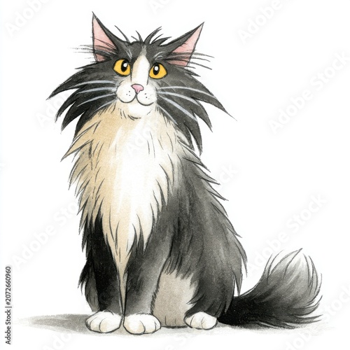 Fluffy Black And White Cat Sitting On White Background With Yellow Eyes