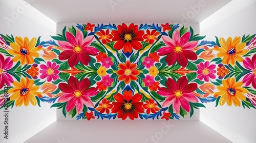 Colorful Mexican embroidery pattern with floral design on a white background