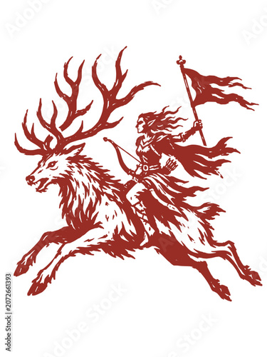 Fotografi A mythical figure rides a majestic stag with antlers, holding a banner aloft in a dynamic, powerful pose, symbolizing freedom and adventure