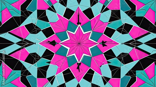 Colorful geometric kaleidoscope pattern with pink and blue star shapes design