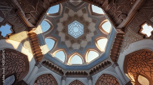 Detailed ornate ceiling architecture with geometric patterns and bright light windows